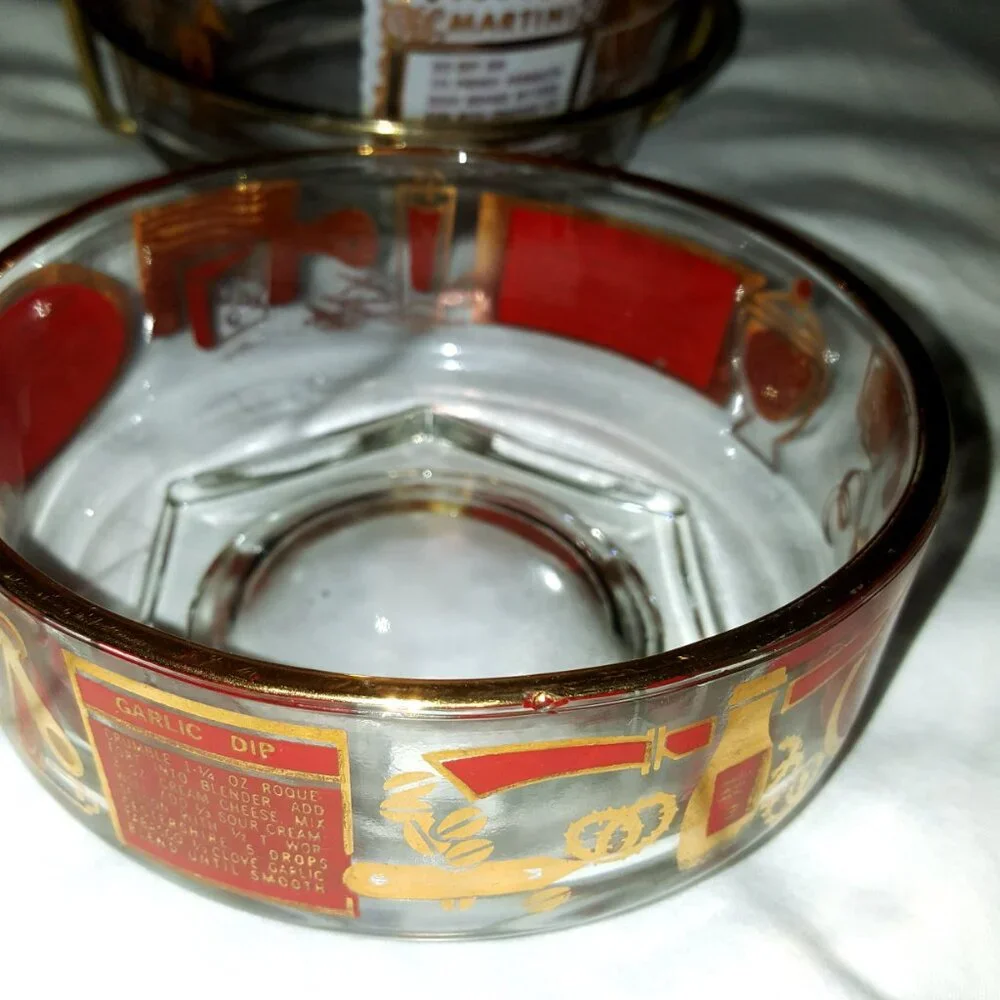 Vintage MCM Jeanette Glass Ice Bucket  And Bowl Red Gold With Cocktail Recipes